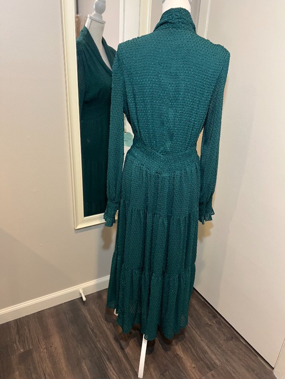 NWT RYEGRASS Emerald Green Clip Dot Long Sleeve Tie Neck Maxi Dress, Size Med - Picture 11 of 16